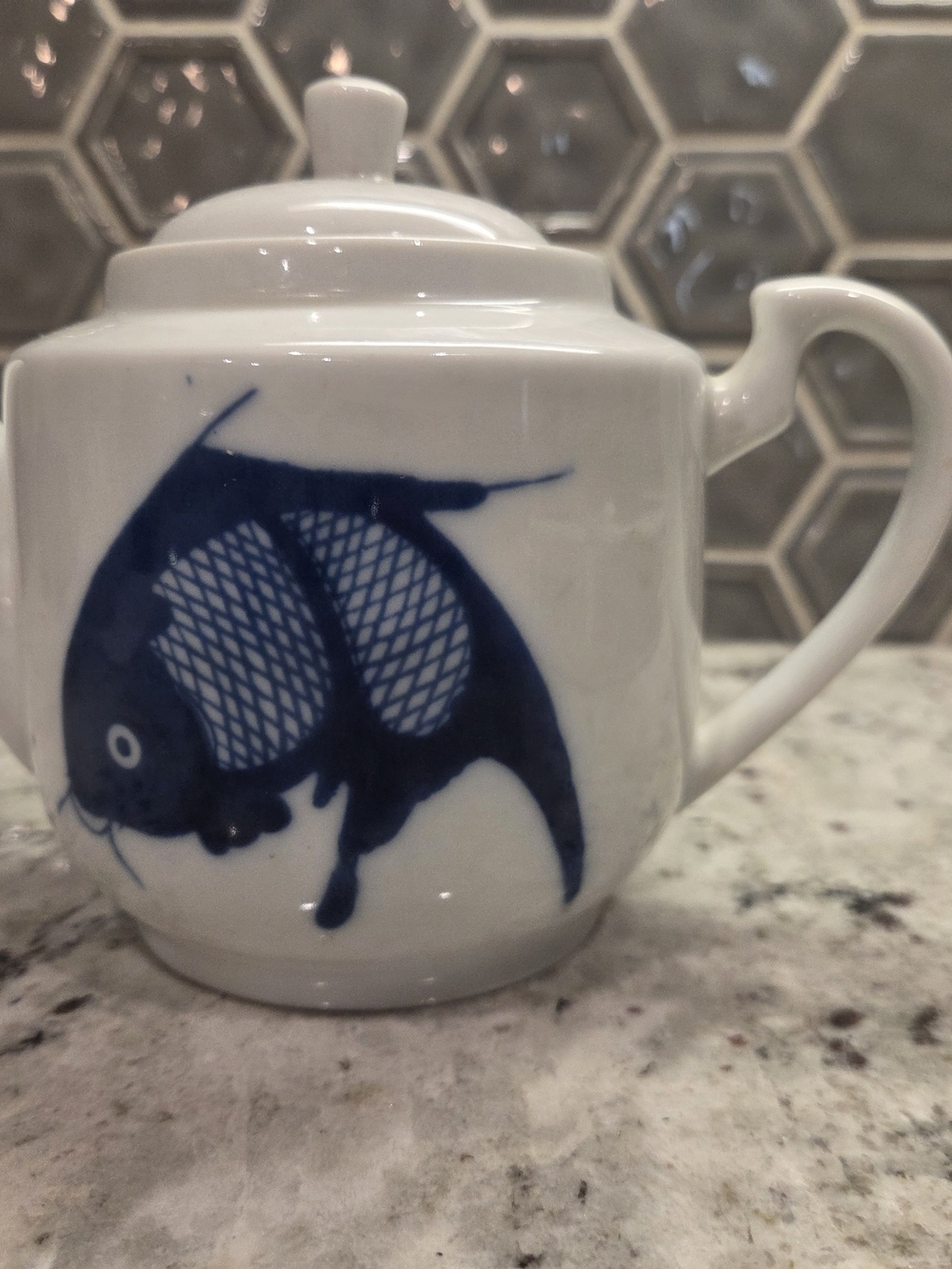 Vintage Asian Motif Blue Fish Tea Pot - White & Blue